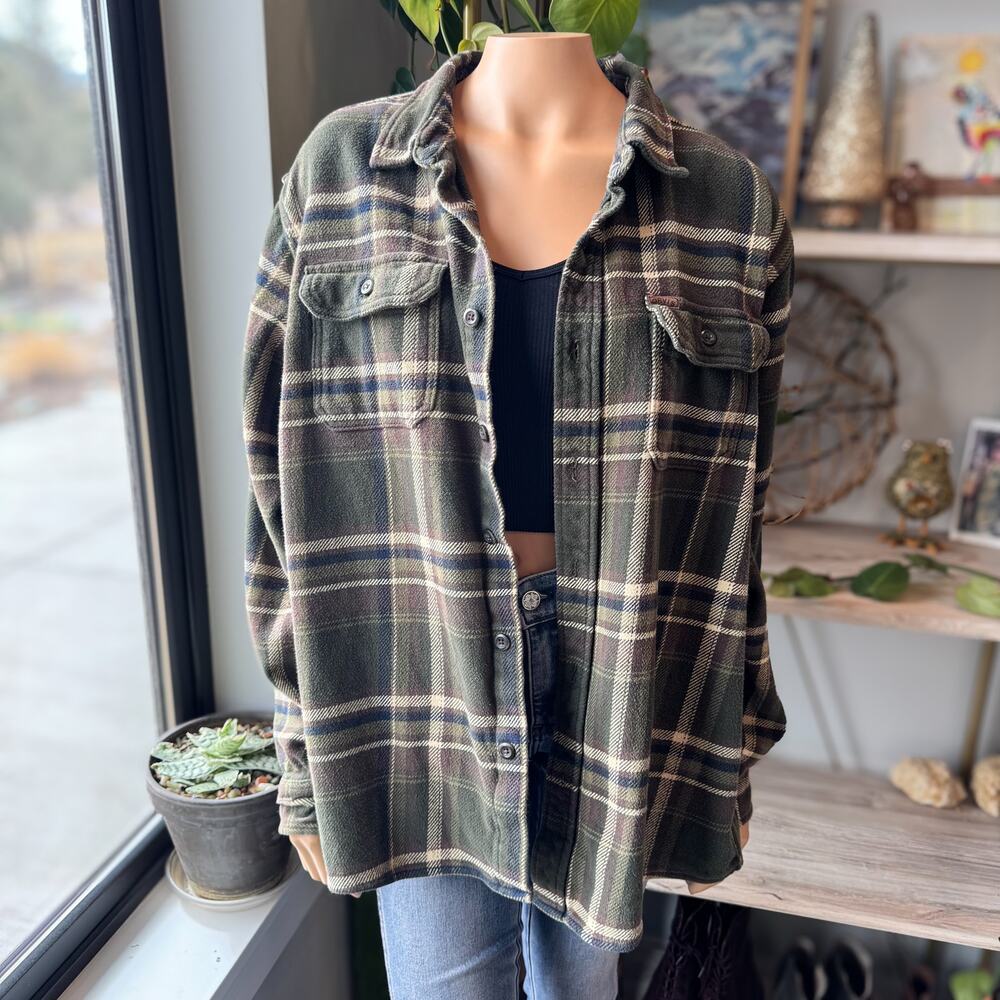 Orvis Big Bear Mens XXL Heavyweight Flannel Shacket Green Plaid Shirt w/ Pockets